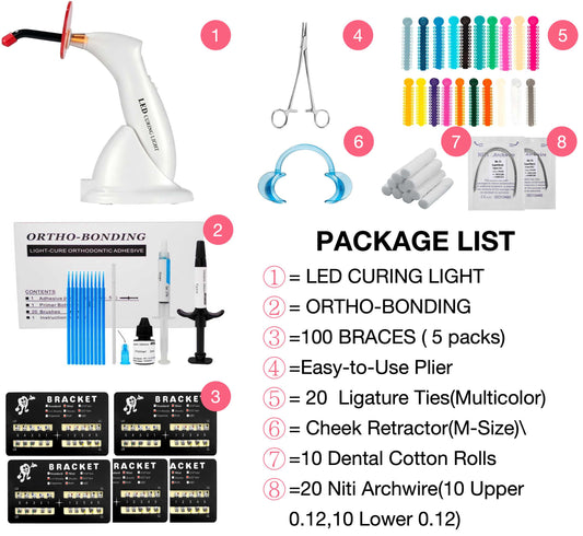 Flat lay of all DIY braces kit accessories labeled with numbers including brackets, wires, powerchains, tools and adhesive supplies