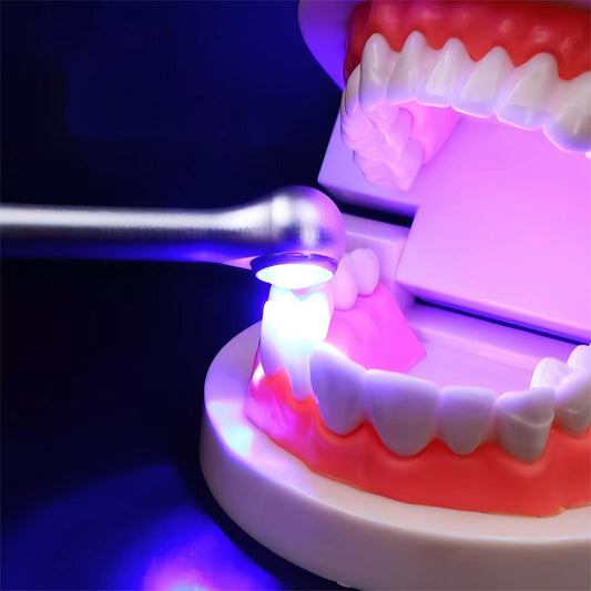 Close-up showing the 1400mW/cm² intense blue light beam for curing in 1-3 seconds.