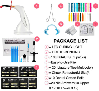 Flat lay of all DIY braces kit accessories labeled with numbers including brackets, wires, powerchains, tools and adhesive supplies