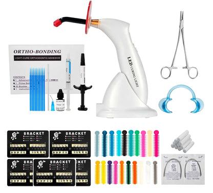 Sino Dental DIY fashion braces kit complete set with 20 color powerchains, LED curing light, brackets, wires, and tools displayed in Tiffany blue gift box