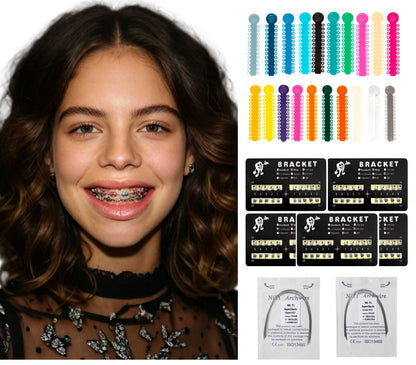 Closeup detail of stainless steel dental bracket with shiny finish for DIY fashion braces kit
